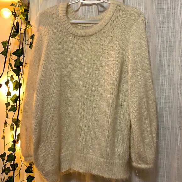 White Cream Fuzzy Puff Sleeve Sweater - Picture 1 of 3